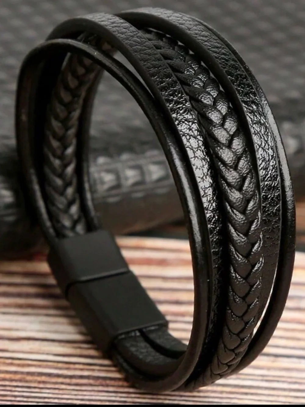 Men's Black Multi-Strand Braided Vegan Leather Bracelet